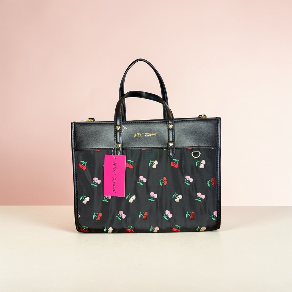 Betsey Johnson Xobeca-n Tote Bag Large Black Cherry Embroidered NWT